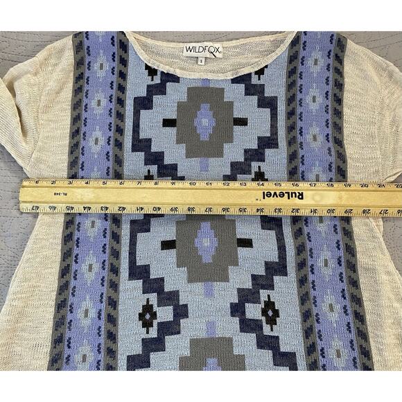 Wildfox Sz S Aztec Geometric Blue Coated Front LS Oversized Sweater USA - Picture 5 of 7